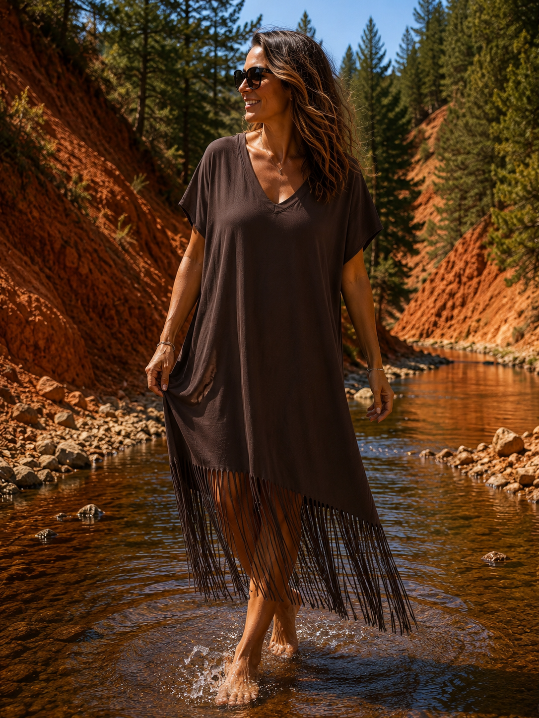 CANYON - ROBE MARRON AVEC FRANGES JUSQU'A LA TAILLE 54/56