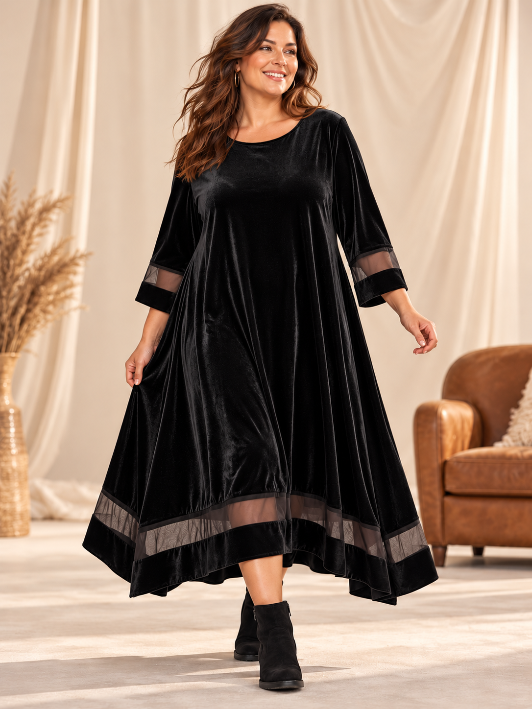 CLAUDIA - ROBE NOIRE EN VELOURS FLUIDE JUSQU'A LA TAILLE 52/54