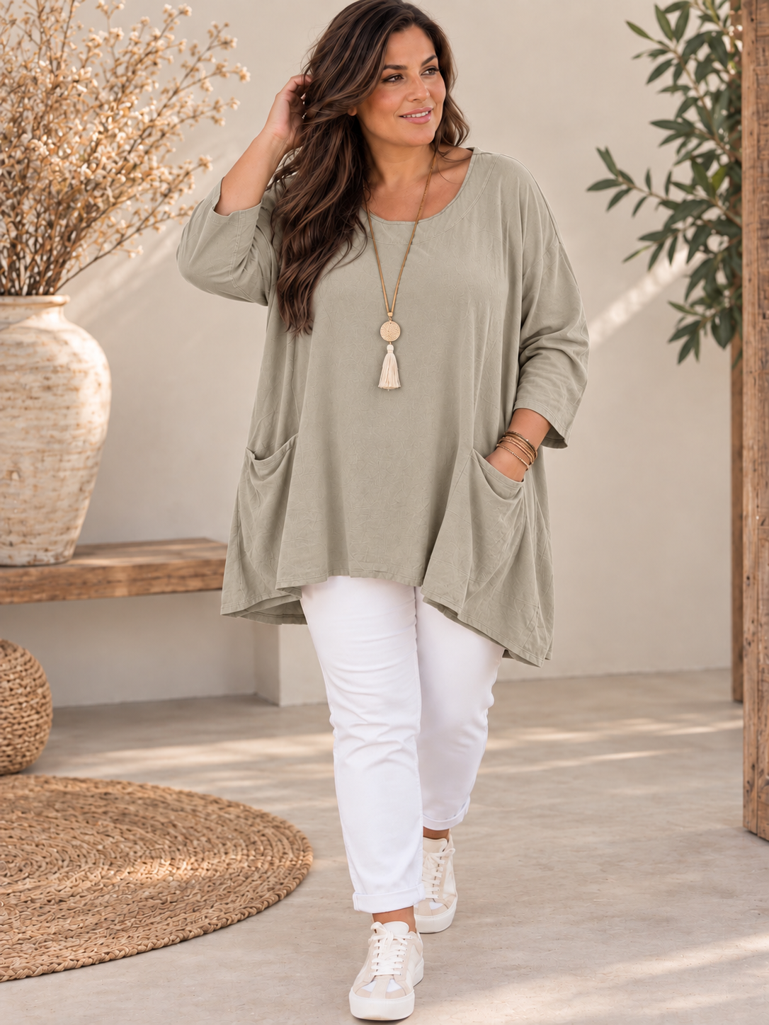 JULIE - TUNIQUE BEIGE EN VELOURS MILLERAIE JUSQU'A LA TAILLE 52