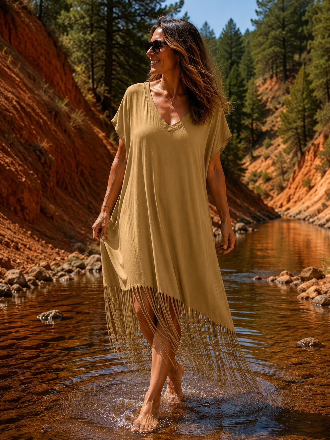 CANYON - ROBE CAMEL AVEC FRANGES JUSQU'A LA TAILLE 54/56