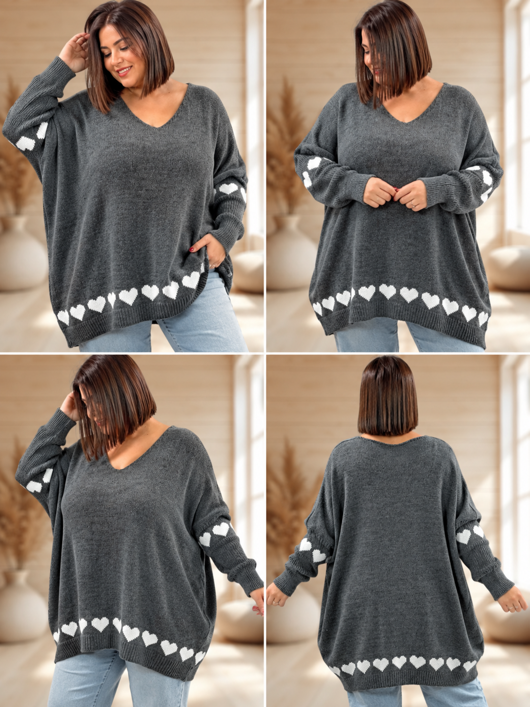 CESARIO- PULL OVERSIZE GRIS MOTIF COEUR TAILLE 54 A 60