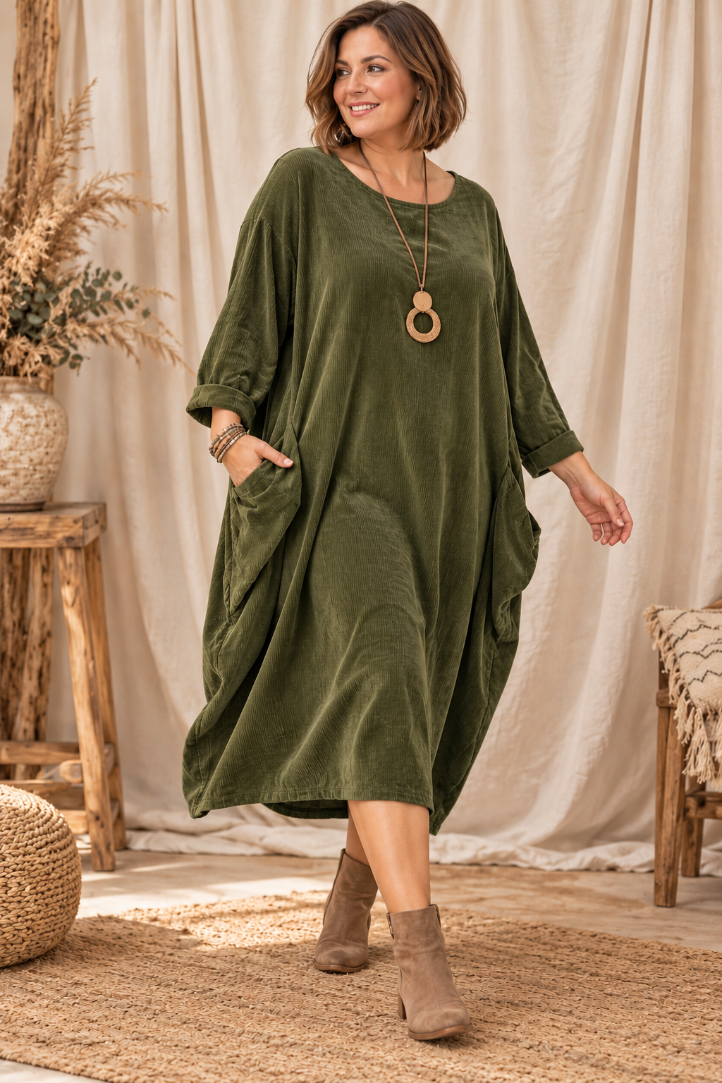 CAMILLE - ROBE KAKI EN VELOURS MILLERAIE JUSQU'A LA TAILLE 54