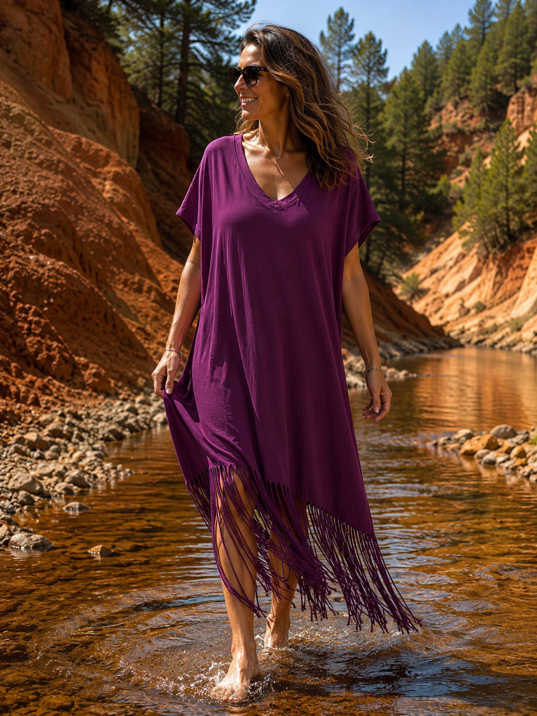 CANYON - ROBE CYCLAMEN AVEC FRANGES JUSQU'A LA TAILLE 54/56