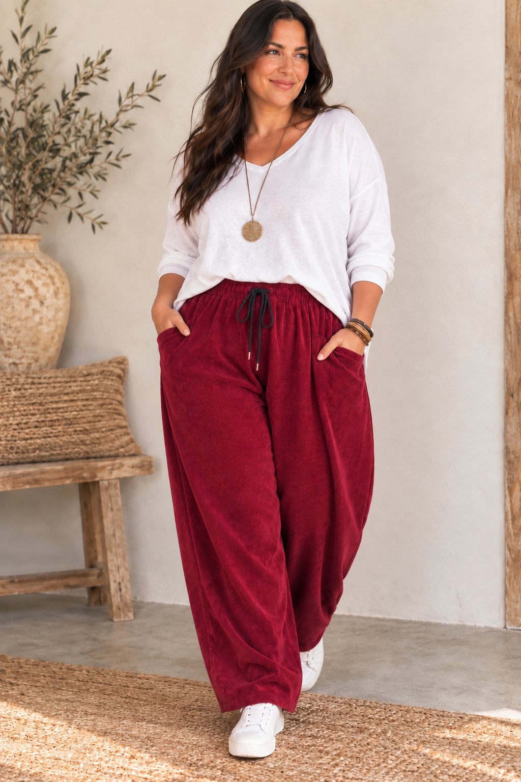 NATHAN - PANTALON BARREL EN VELOURS BORDEAUX TAILLE 50 A 56/58