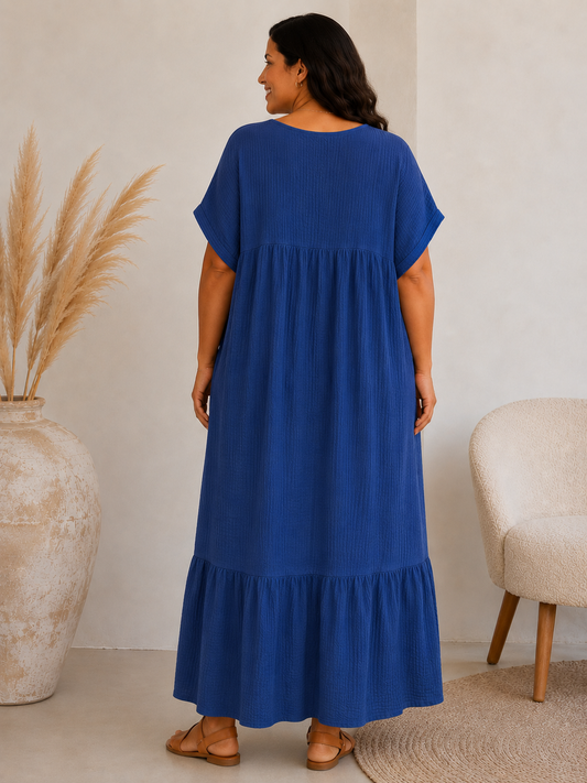 LAURETTE - ROBE LONGUE BLEUE EN GAZE DE COTON JUSQU'A LA TAILLE 54