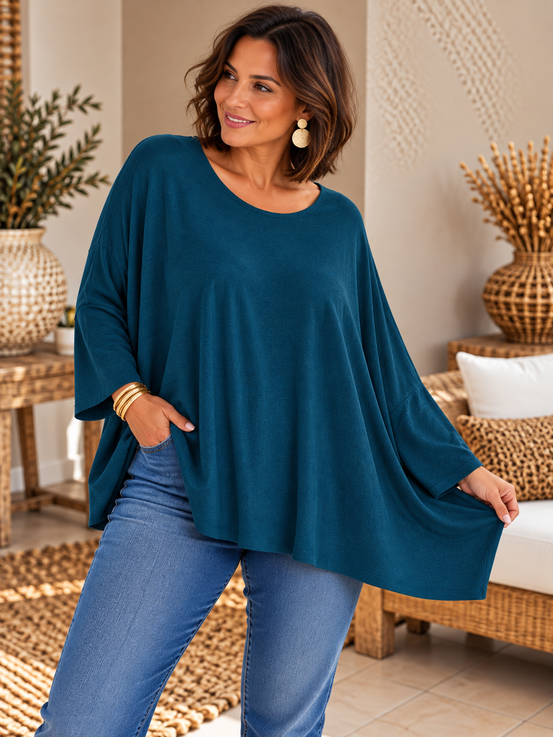 CAPRIO - PULL BLEU EN MAILLE FLUIDE JUSQU'A LA TAILLE 54