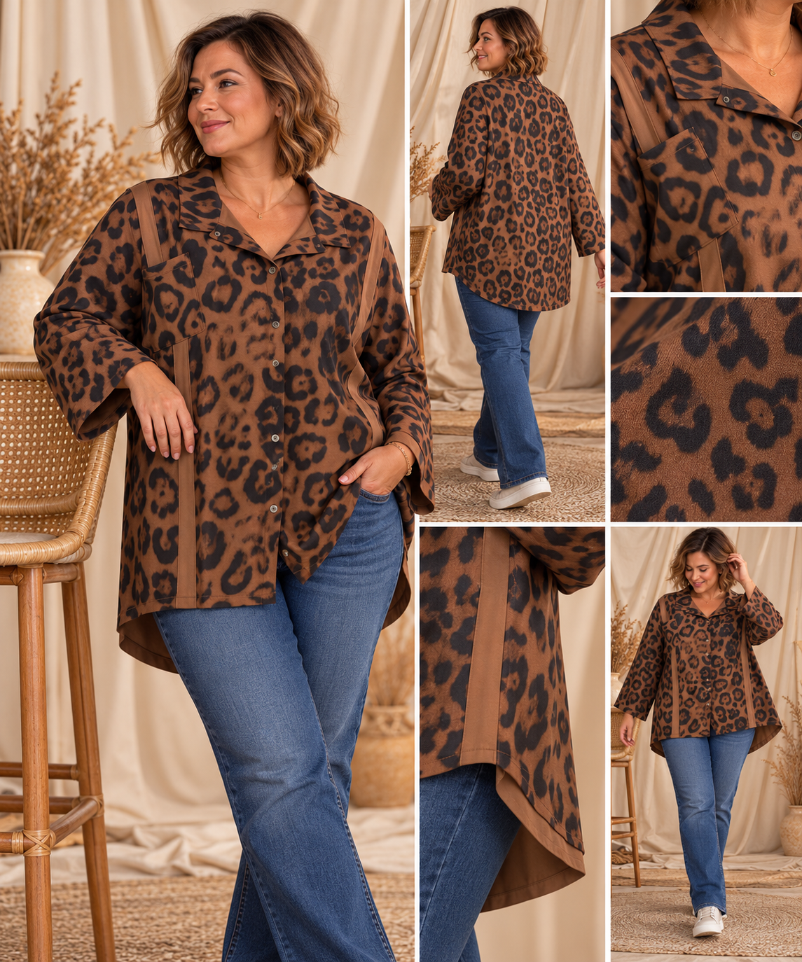 NAMIBIE - CHEMISE OVERSIZE LEOPARD MARRON ROUX JUSQU'A LA TAILLE 52