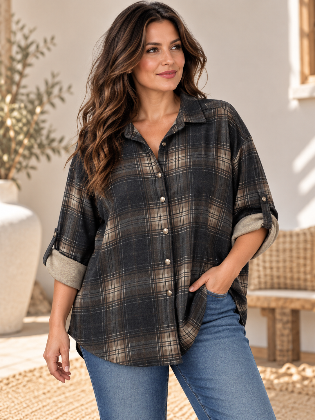 FANNY - CHEMISE OVERSIZE ECOSSAISE NOIRE JUSQU'A LA TAILLE 58