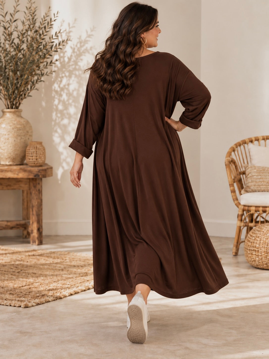 CHRISTA - ROBE TRAPEZE MARRON EN MAILLE JUSQU'A LA TAILLE 56