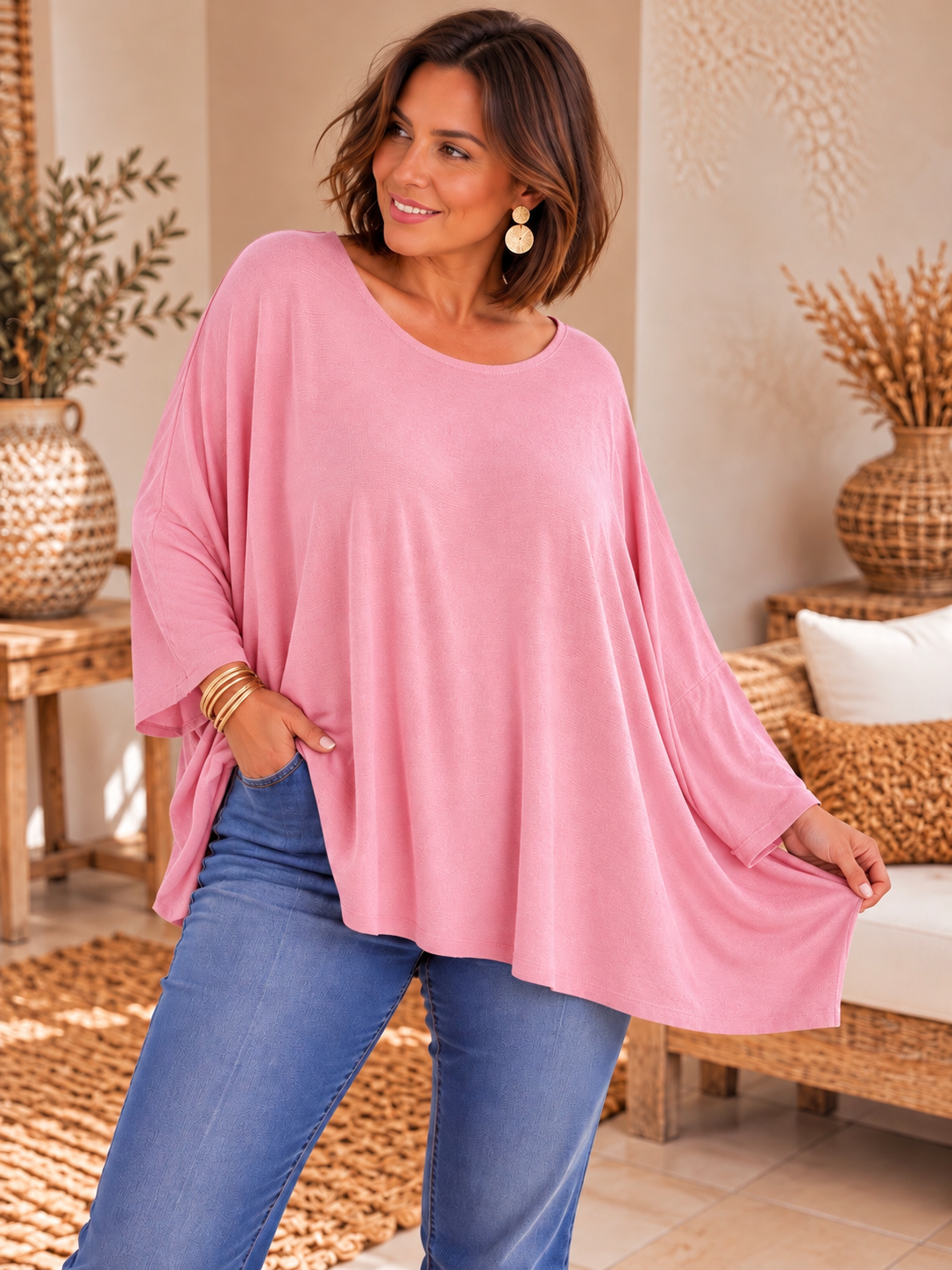 CAPRIO - PULL ROSE EN MAILLE FLUIDE JUSQU'A LA TAILLE 54