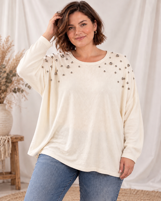 TERRY - PULL BLANC CASSE EN MAILLE AVEC CLOUS JUSQU'A LA TAILLE 54/56