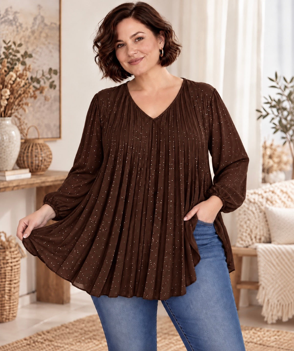 OLGA - TUNIQUE PLISSEE MARRON AVEC STRASS JUSQU'A LA TAILLE 56
