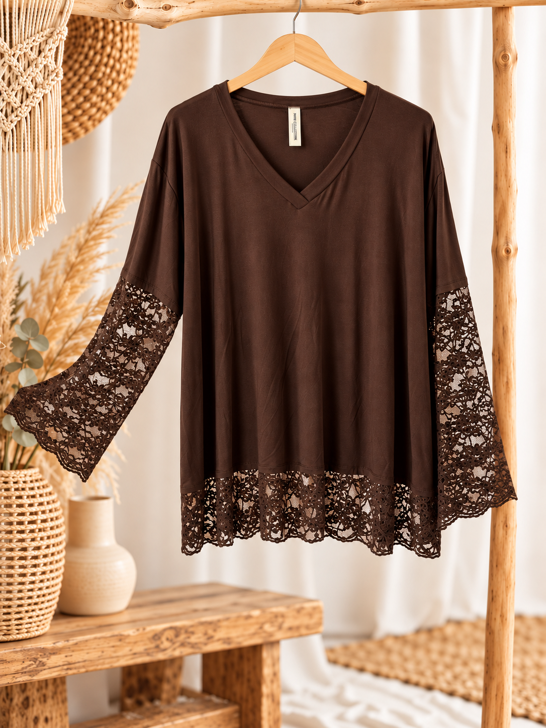 MARIKA - TOP MARRON MANCHES EN DENTELLE TAILLE 48 A 56