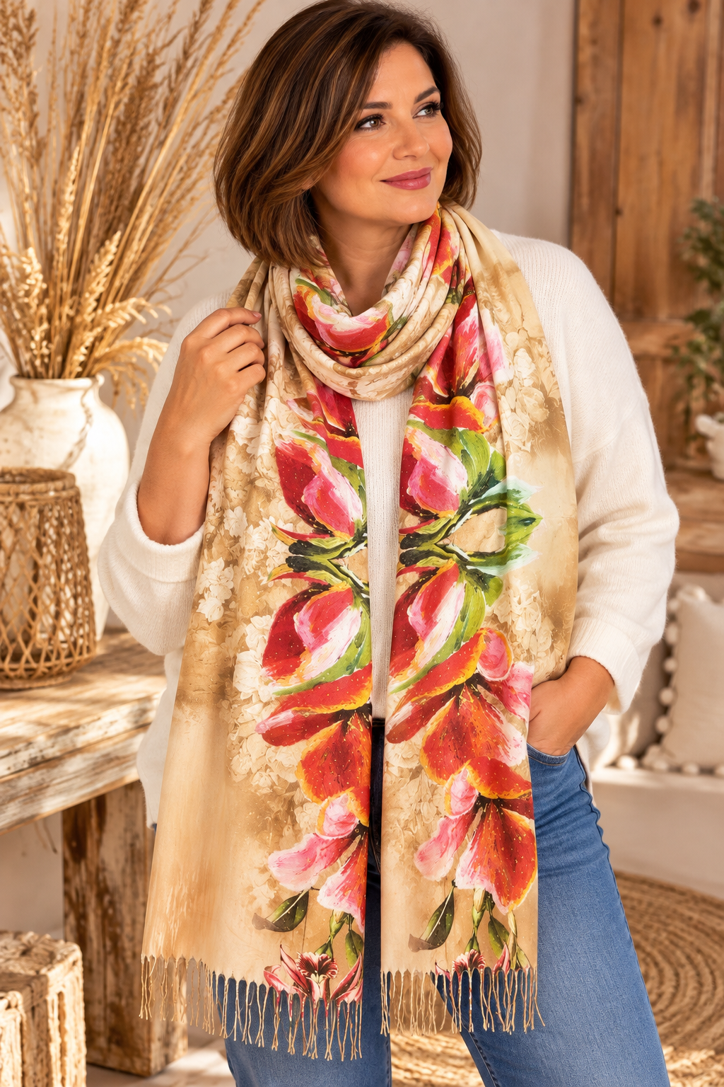 PIVOINE - ECHARPE CAMEL A FLEUR