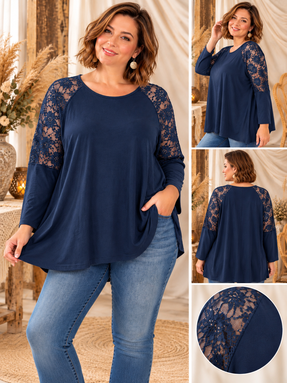 VICKY - TOP MARINE AVEC DENTELLE TAILLE 48 A 54/56