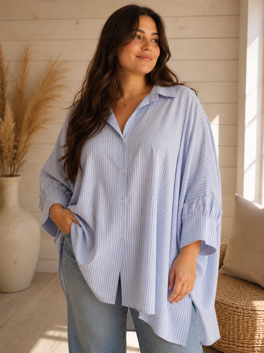 LULU - TUNIQUE OVERSIZE A RAYURE BLEUE JUSQU'A LA TAILLE 58