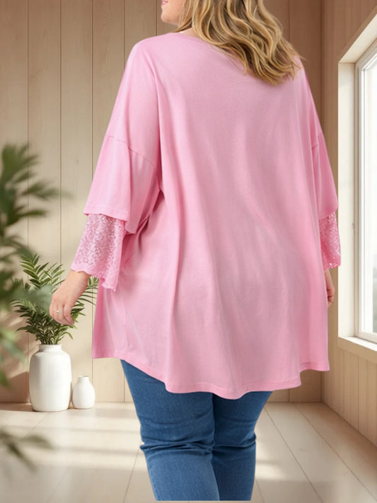 AMORE - TEE-SHIRT ROSE MANCHES EN DENTELLE JUSQU'A LA TAILLE 54