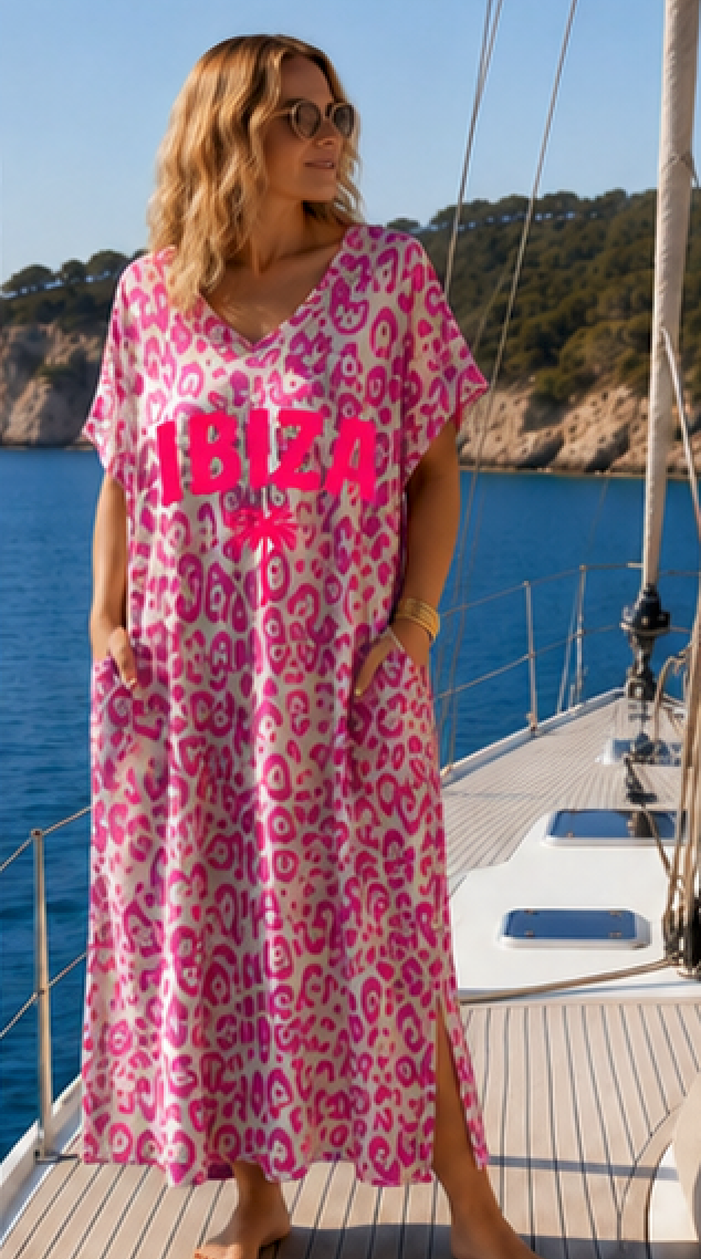 ZANZIBAR - ROBE LEOPARD FUCHSIA JUSQU'A LA TAILLE 54/56