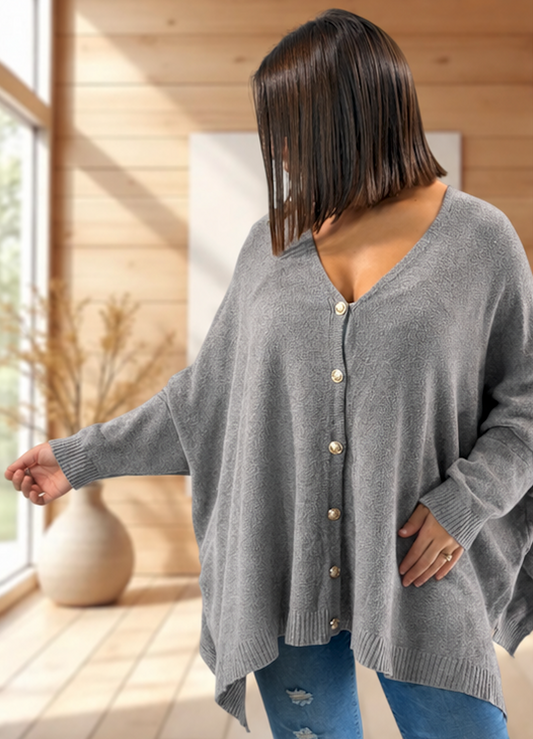 MATHILDE - GILET OVERSIZE GRIS JUSQU'A LA TAILLE 56/58