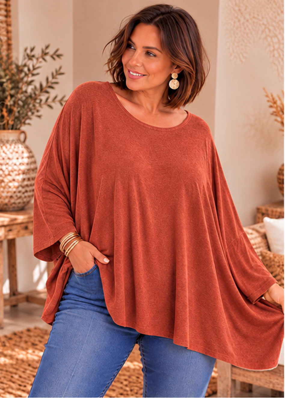 CAPRIO - PULL TERRACOTTA EN MAILLE FLUIDE JUSQU'A LA TAILLE 54