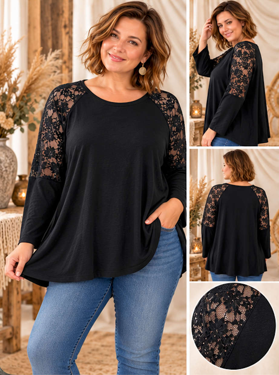 VICKY - TOP NOIR AVEC DENTELLE TAILLE 48 A 54/56
