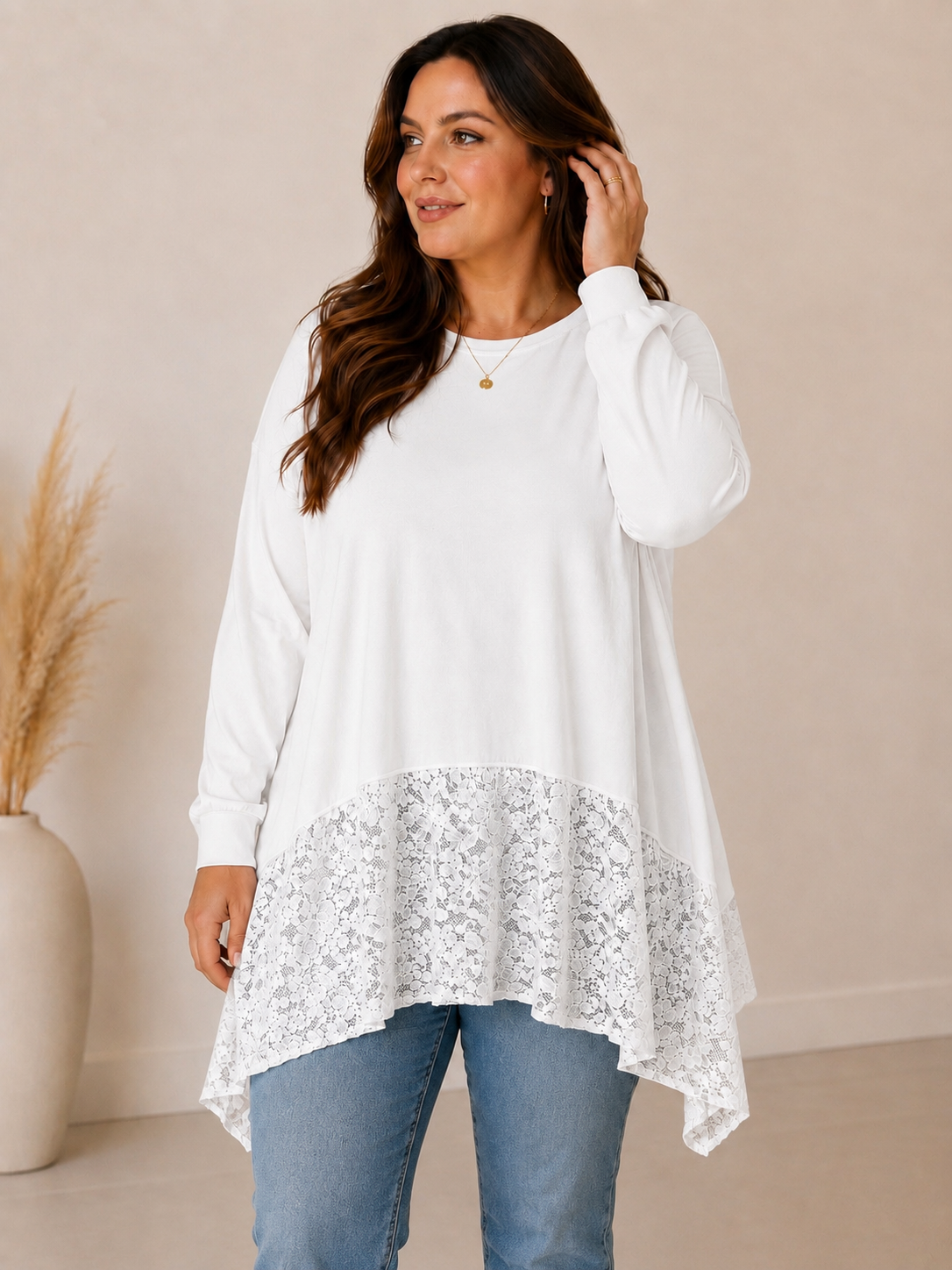 ERIKA - TUNIQUE BLANCHE EN COTON AVEC DENTELLE JUSQU'A LA TAILLE 52