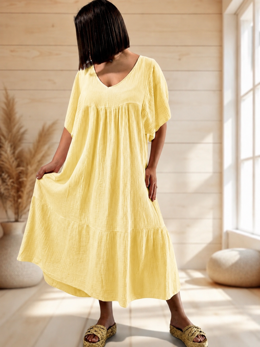 LAURETTE - ROBE LONGUE JAUNE EN GAZE DE COTON JUSQU'A LA TAILLE 54