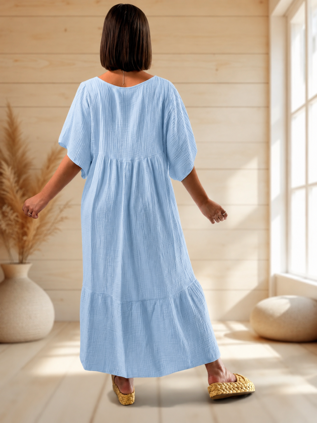 LAURETTE - ROBE LONGUE BLEUE CIEL EN GAZE DE COTON JUSQU'A LA TAILLE 54