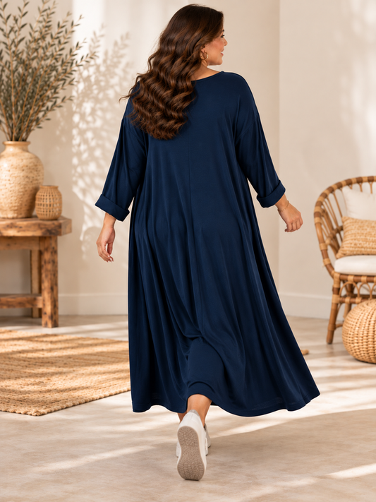 CHRISTA - ROBE TRAPEZE MARINE EN MAILLE JUSQU'A LA TAILLE 56