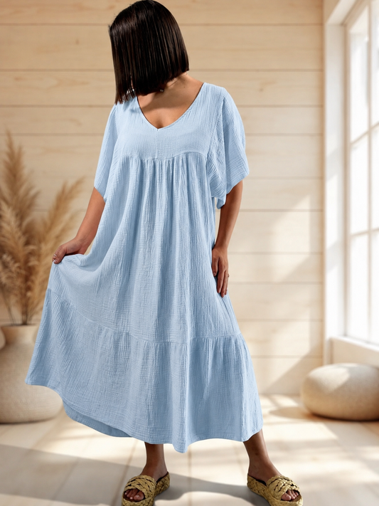 LAURETTE - ROBE LONGUE BLEUE CIEL EN GAZE DE COTON JUSQU'A LA TAILLE 54