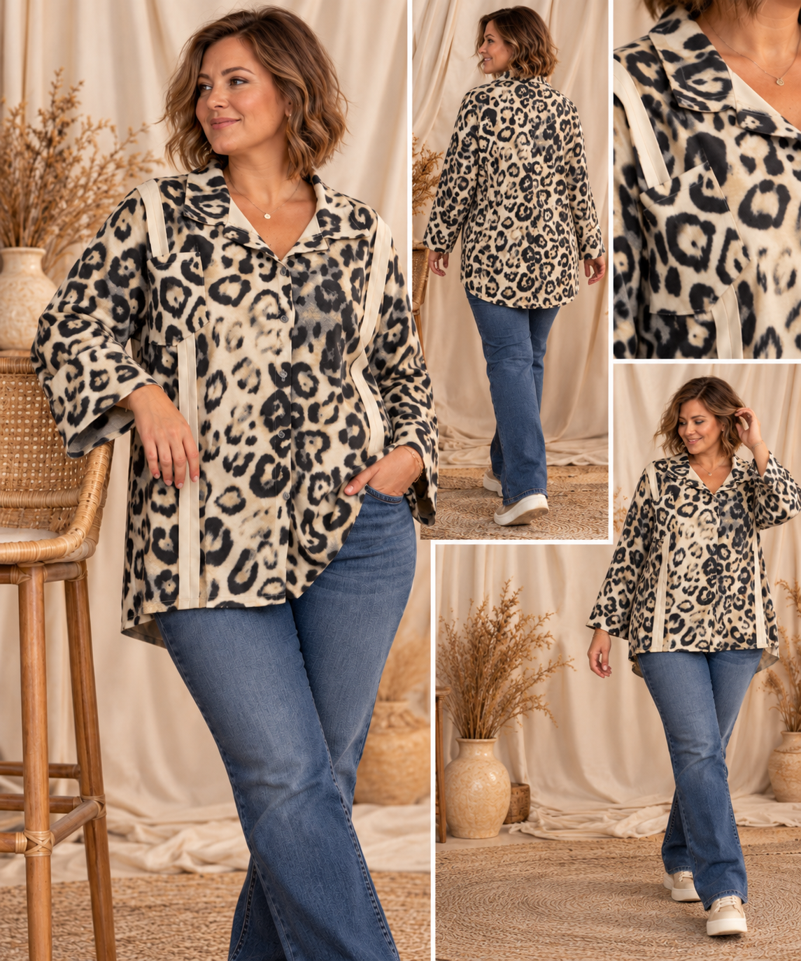 NAMIBIE - CHEMISE OVERSIZE LEOPARD BEIGE JUSQU'A LA TAILLE 52