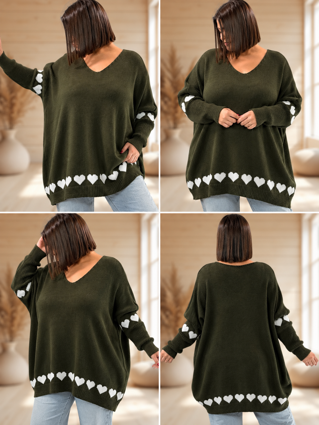 CESARIO- PULL OVERSIZE KAKI MOTIF COEUR TAILLE 54 A 60