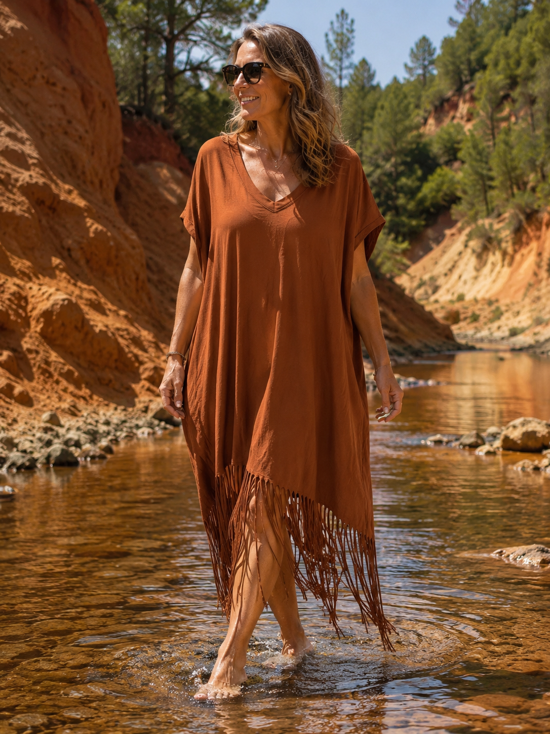 CANYON - ROBE TERRACOTTA AVEC FRANGES JUSQU'A LA TAILLE 54/56