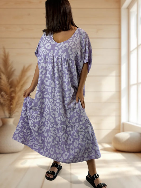 ROSITA - ROBE LEOPARD LILAS JUSQU'A LA TAILLE 54