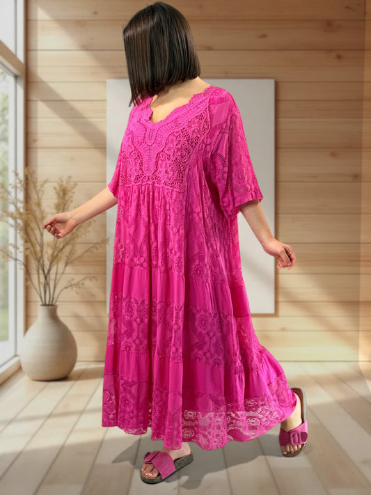 LINDA - ROBE LONGUE FUCHSIA EN DENTELLE JUSQU'A LA TAILLE 56