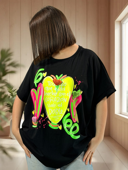 LIVIA - T-SHIRT OVERSIZE NOIR A MOTIF TAILLE 46/48 A 56