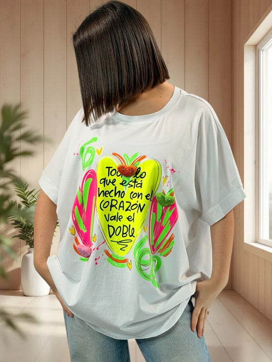 LIVIA - T-SHIRT OVERSIZE BLANC A MOTIF TAILLE 46/48 A 56