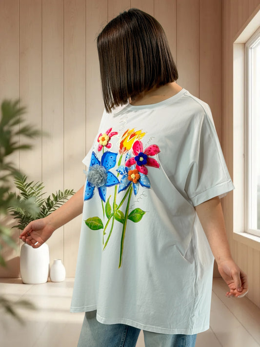 LIVIA - T-SHIRT OVERSIZE BLANC A MOTIF TAILLE 46/48 A 56