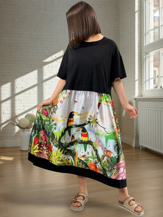 RAFFAELA- ROBE NOIRE A MOTIF JUSQU'A LA TAILLE 50/52