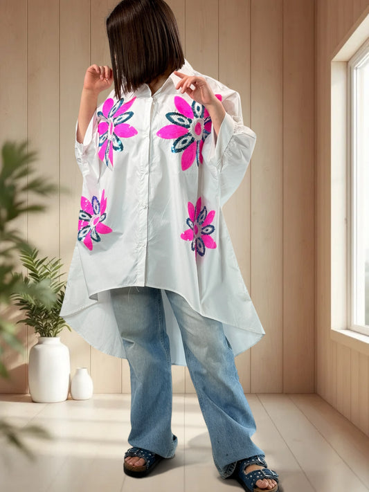 CLAUDIA - TUNIQUE OVERSIZE BLANCHE A MOTIF JUSQU'A LA TAILLE 58/60