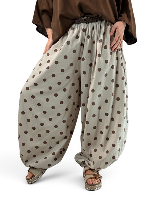 GABRIEL - PANTALON EN COTON BEIGE A POIS JUSQU'A LA TAILLE 54/56