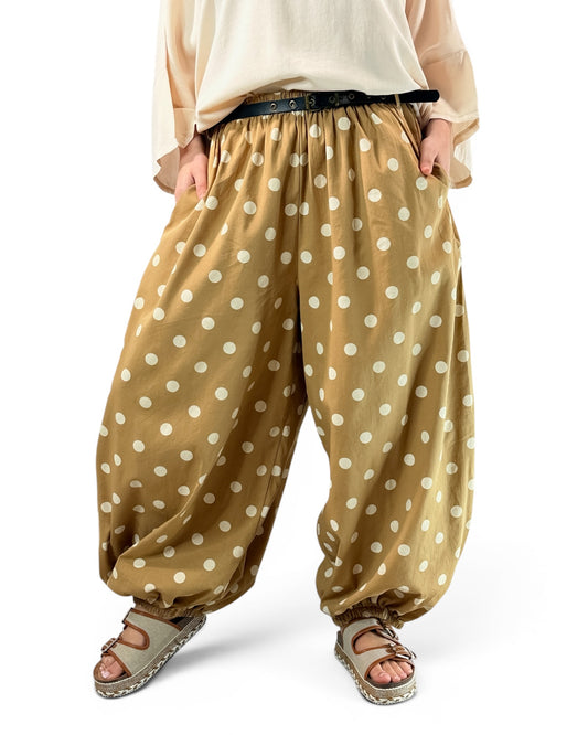 GABRIEL - PANTALON EN COTON CAMEL A POIS JUSQU'A LA TAILLE 54/56