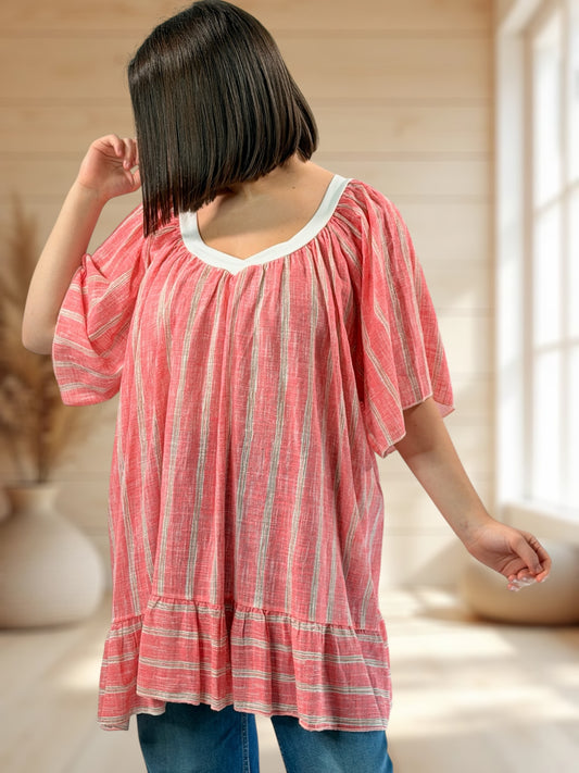 ROSETA - TUNIQUE A RAYURE CORAIL JUSQU'A LA TAILLE 56