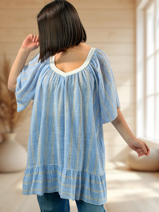 ROSETA - TUNIQUE A RAYURE BLEU CIEL JUSQU'A LA TAILLE 56
