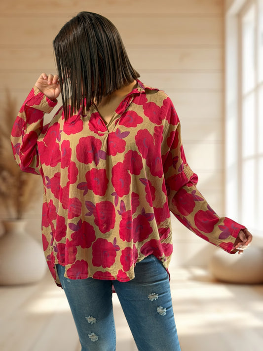 LUCINDA - BLOUSE A MOTIF ROUGE JUSQU'A LA TAILLE 50