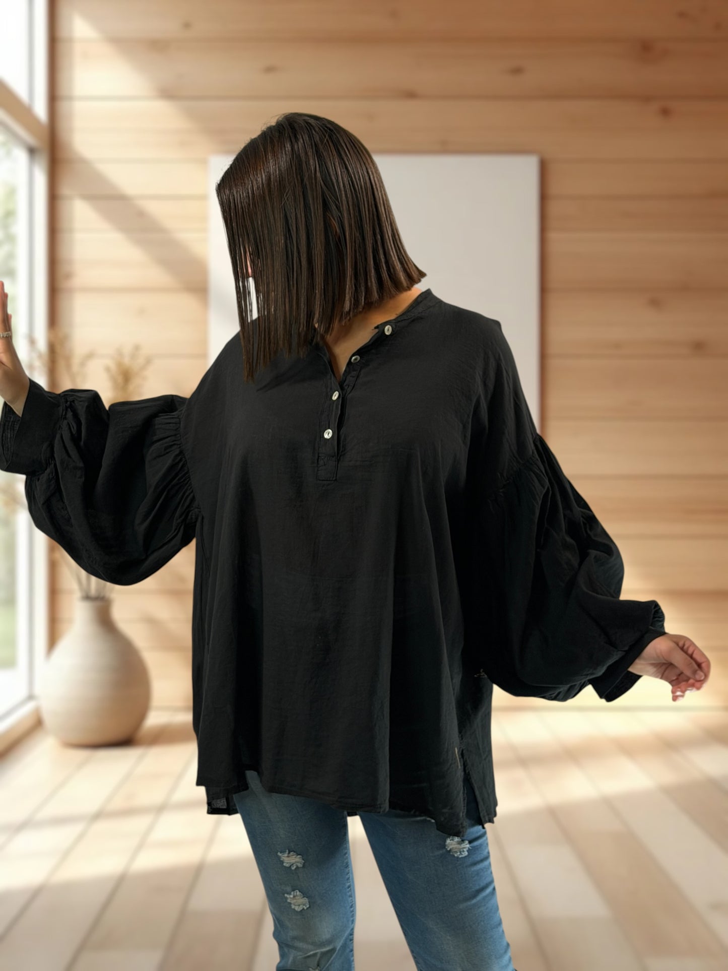 LILOU - BLOUSE NOIRE EN COTON JUSQU'A LA TAILLE 52