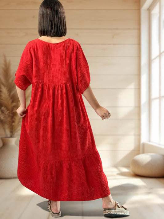 LAURETTE - ROBE LONGUE ROUGE EN GAZE DE COTON JUSQU'A LA TAILLE 54