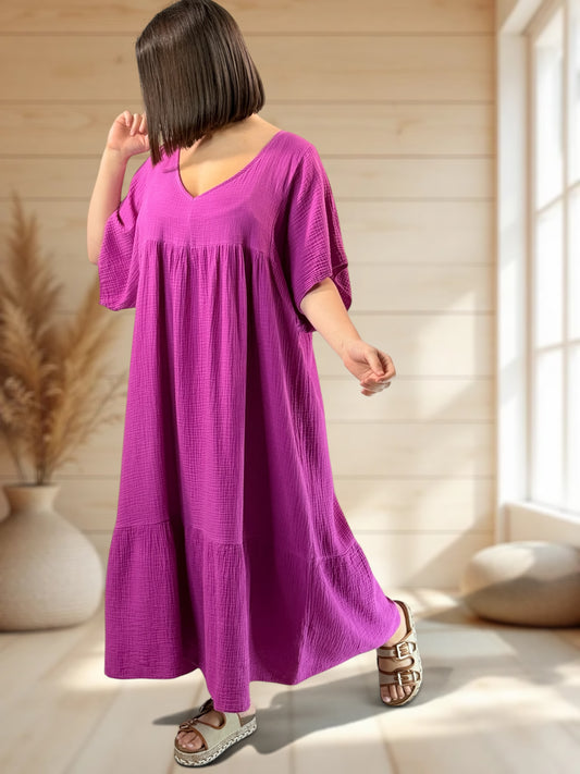 LAURETTE - ROBE LONGUE CYCLAMEN EN GAZE DE COTON JUSQU'A LA TAILLE 54