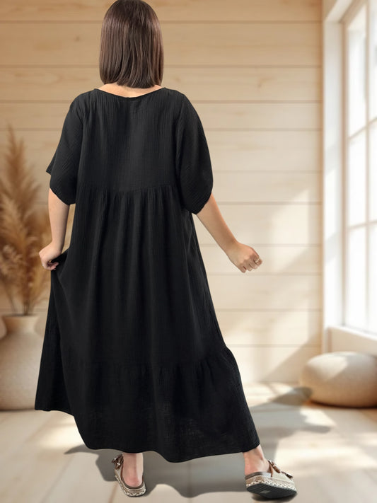 LAURETTE - ROBE LONGUE NOIRE EN GAZE DE COTON JUSQU'A LA TAILLE 54
