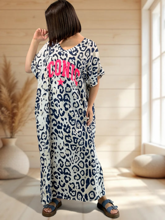 ZANZIBAR - ROBE LEOPARD MARINE JUSQU'A LA TAILLE 54/56